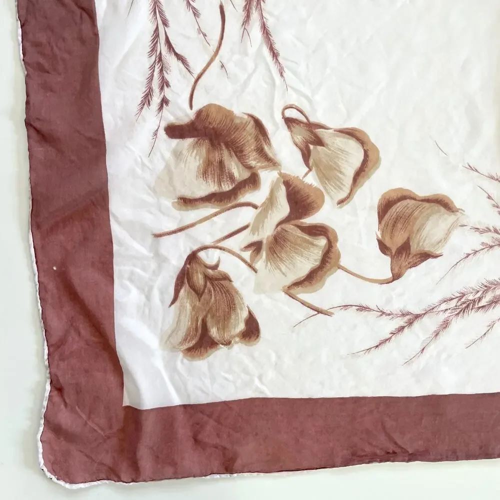Vintage 70s Silk Scarf Square Neutral Brown Floral Border Print Quiet Luxury